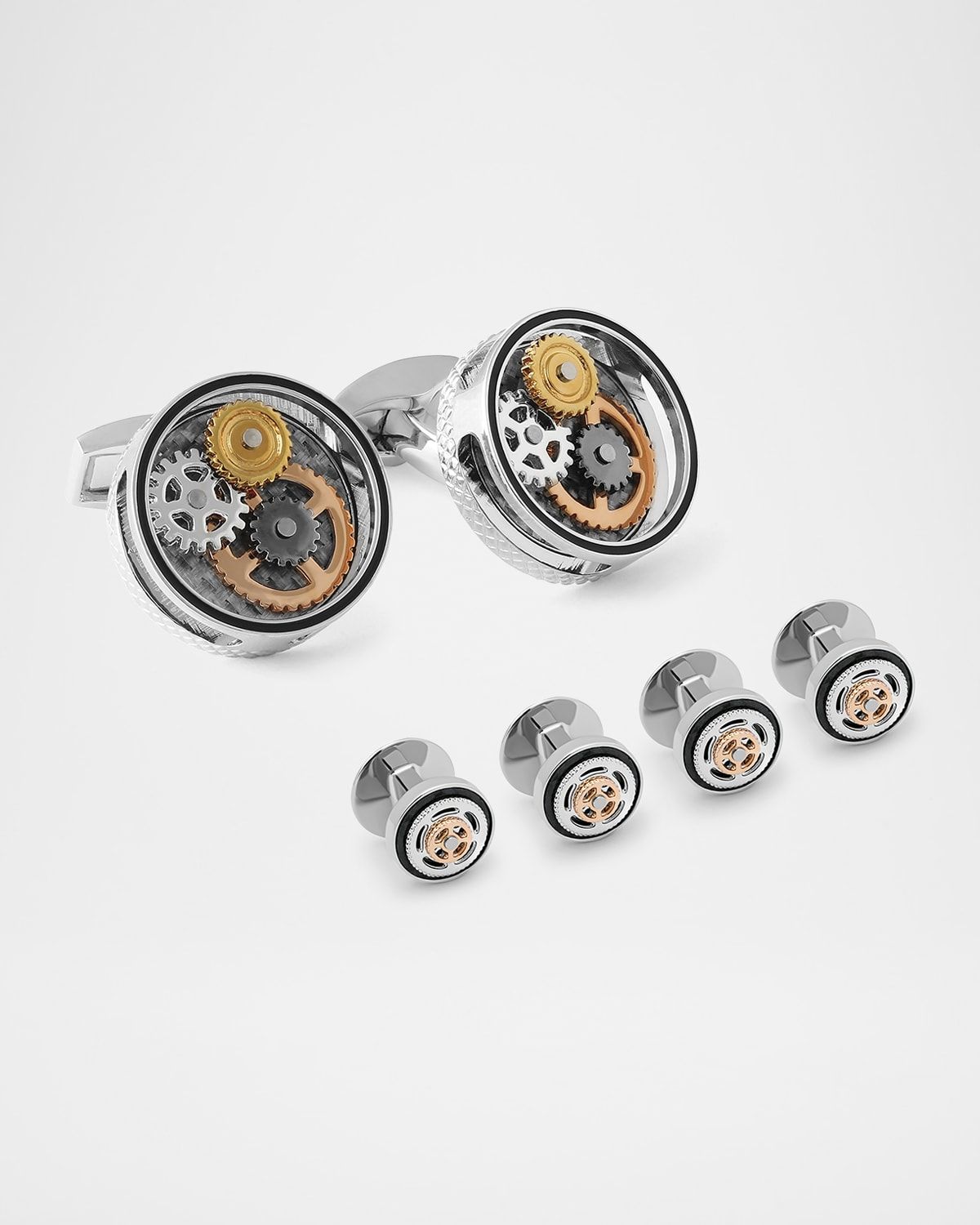 Men & apos;s Round Carbon Gear Cufflink and Stud Set