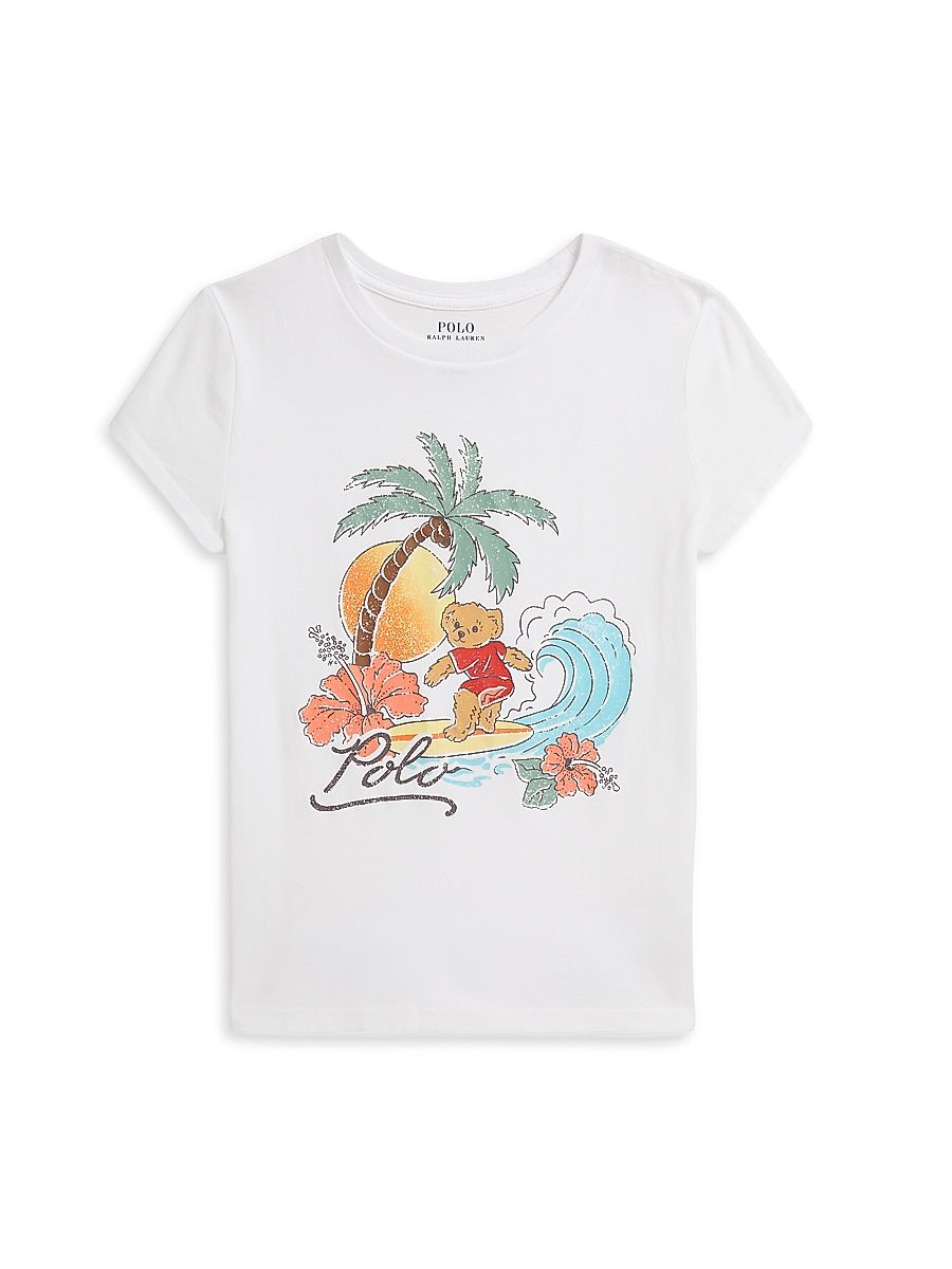 Little Girl's & Girl's Polo Bear Surfing Jersey T-Shirt - White - Size 16