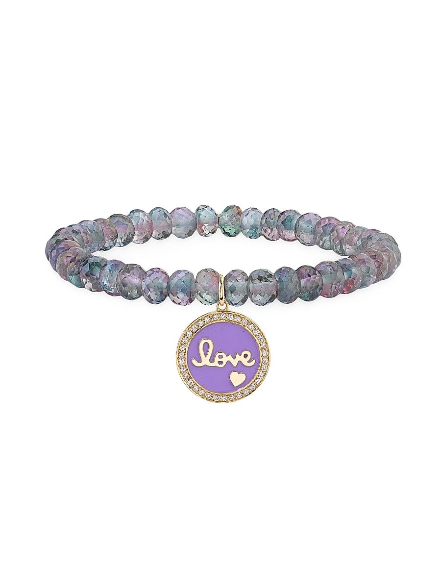 Women's Love Script 14K Yellow Gold, Enamel, 0.14 TCW Diamond & Mystic Rainbow Quartz Beaded Bracelet