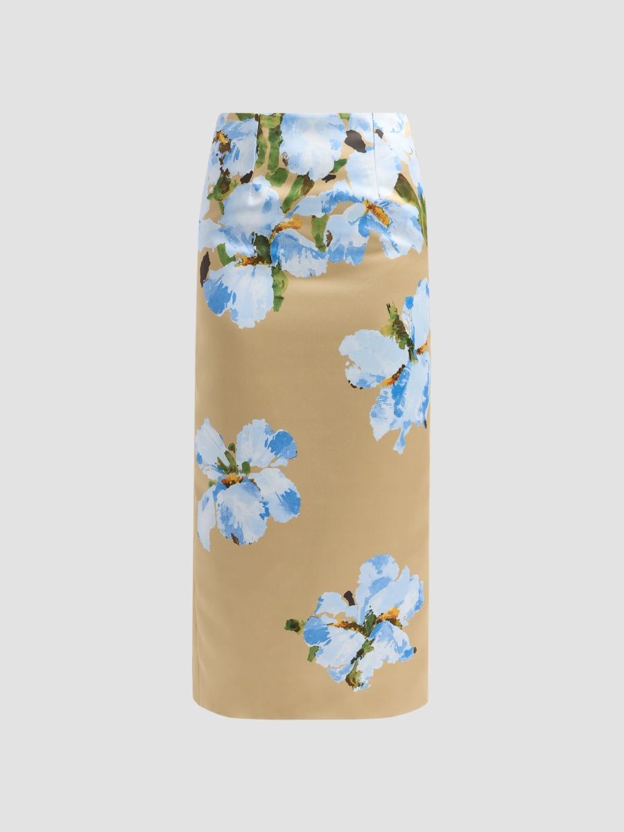 Oscar de la Renta Women's Watercolor Iris Satin Pencil Skirt - Brown Ivory - Size 16