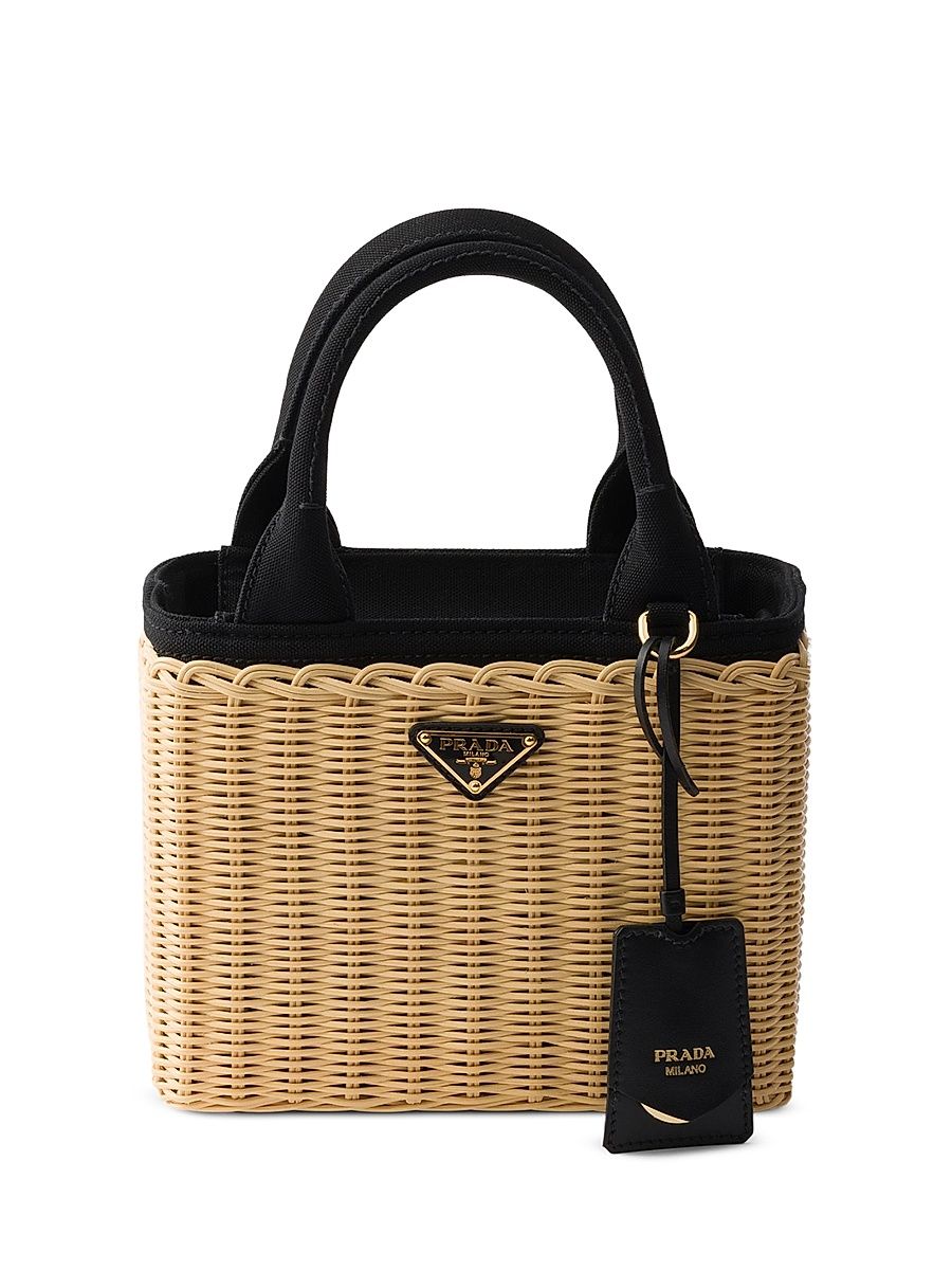 Women's Small Wicker and Canvas Top Handle Bag - Black