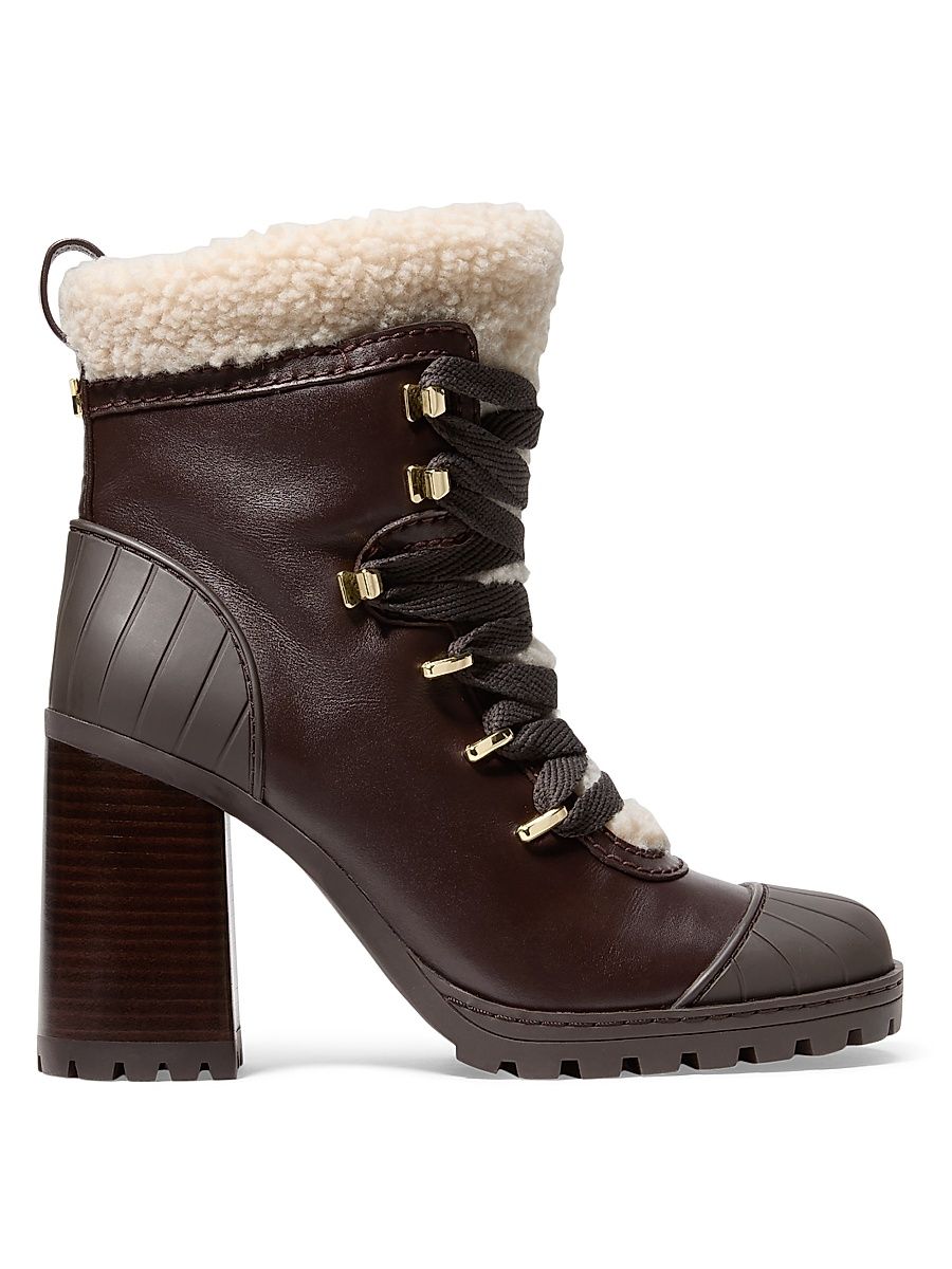 Women's Sydra 95MM Faux Shearling-Trim Leather Booties - Chocolate - Size 11