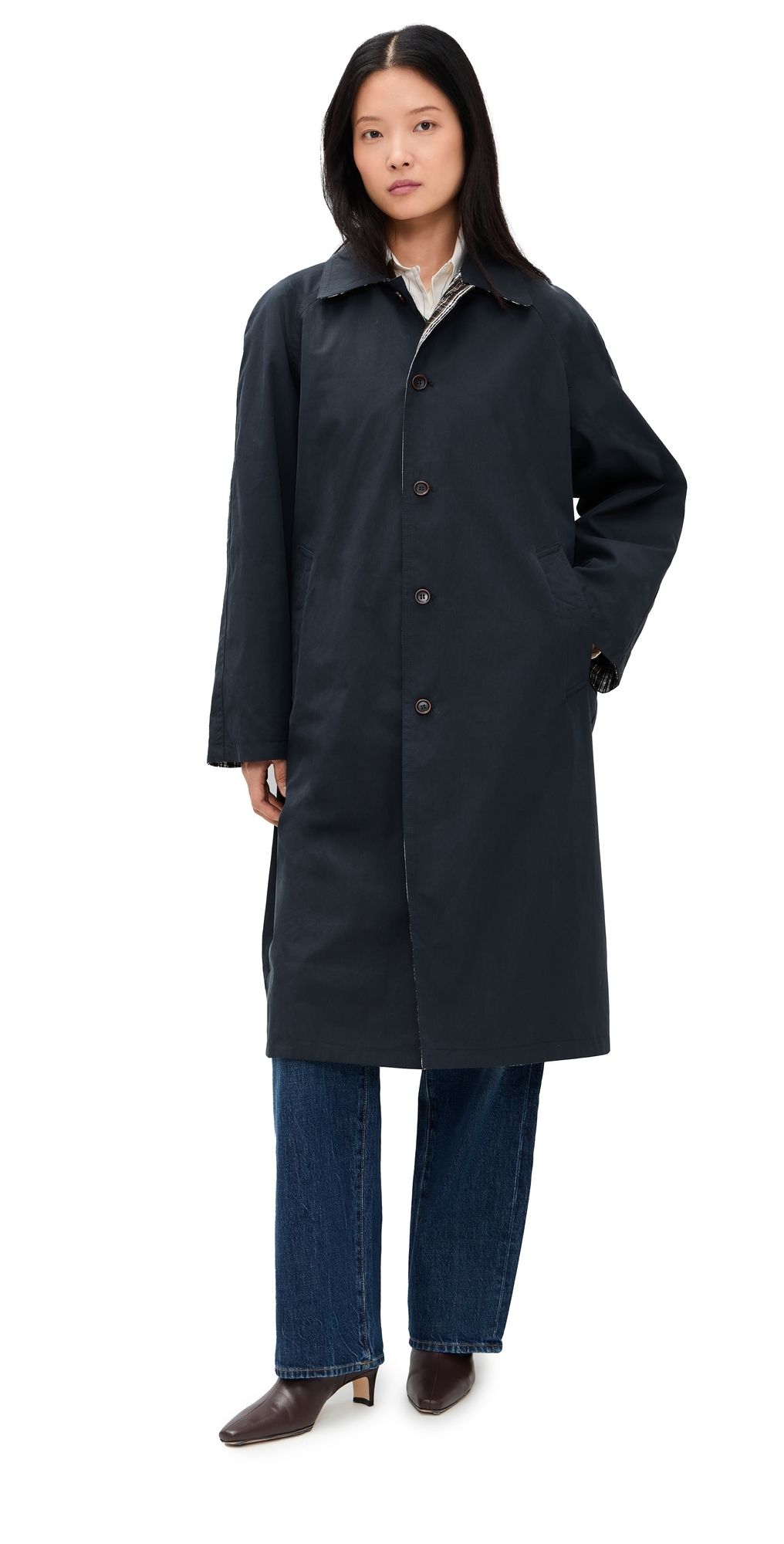 Pixie Market Reversible Plaid Trench Coat Navy One Size