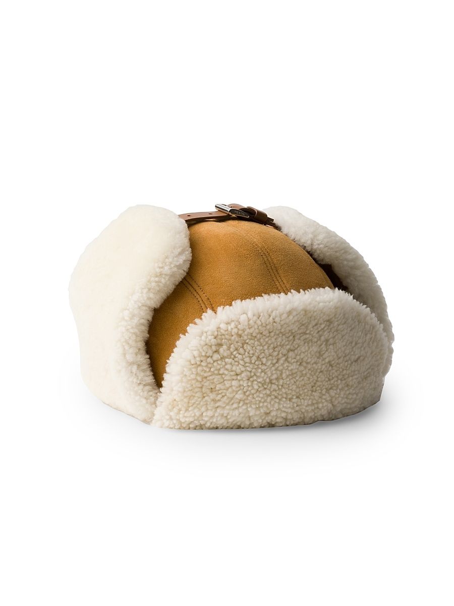 Men's Suede Shearling Trapper Hat - Beige Khaki - Size Large