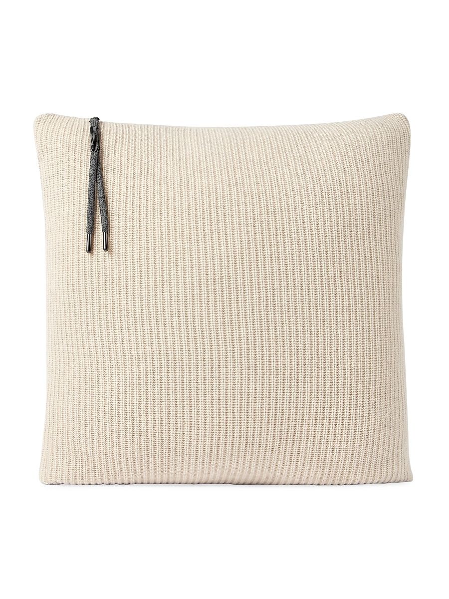 Cashmere English Rib Knit Cushion with Shiny Zipper Pull - Buff
