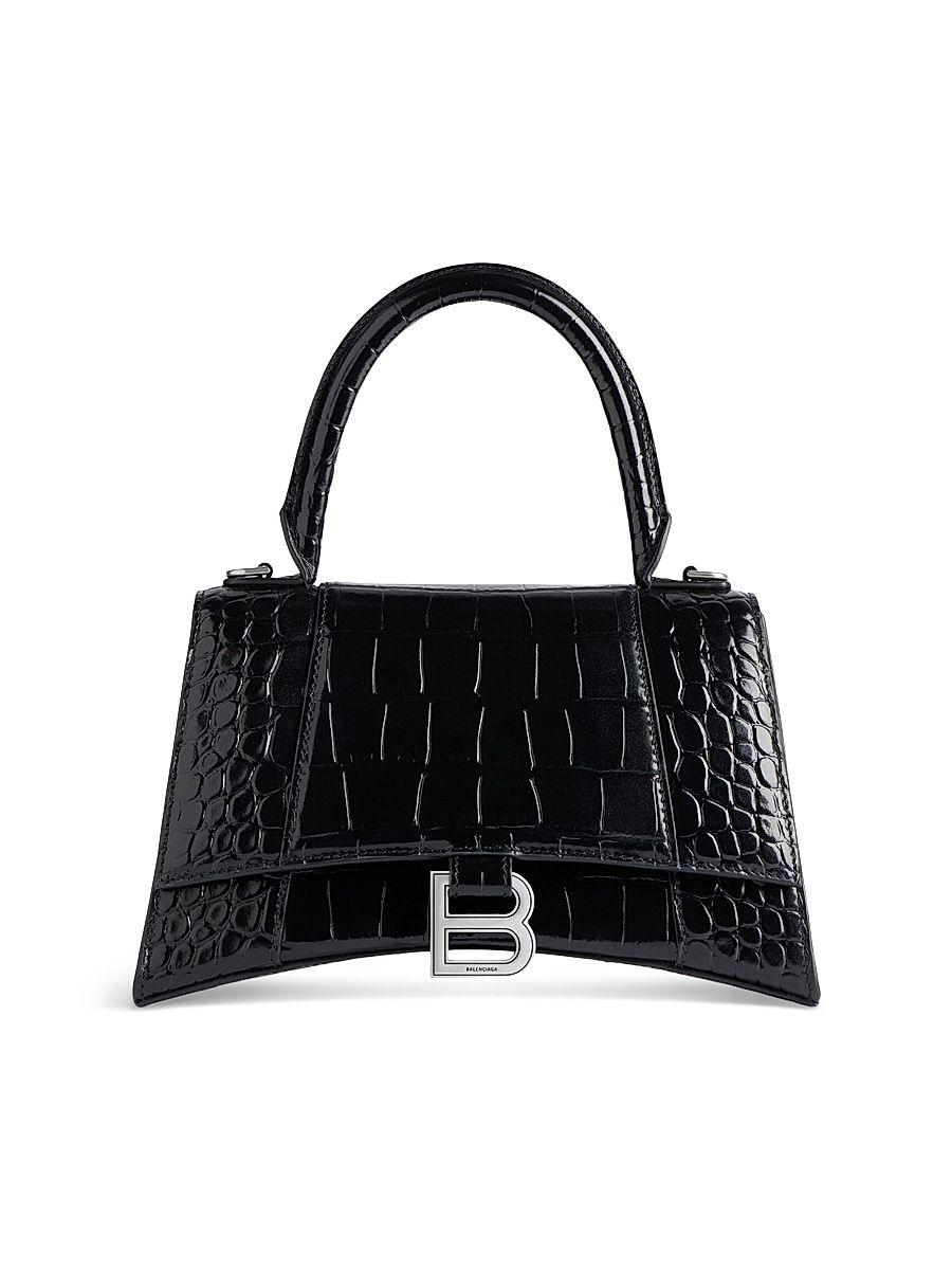 Women's Hourglass Small Handbag Crocodile Embossed - Black