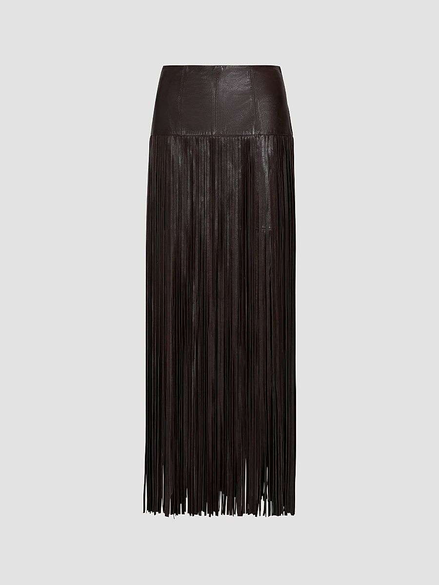 Women's Tangled Up Fringed Leather Maxi Skirt - Dark Chocolate - Size 10