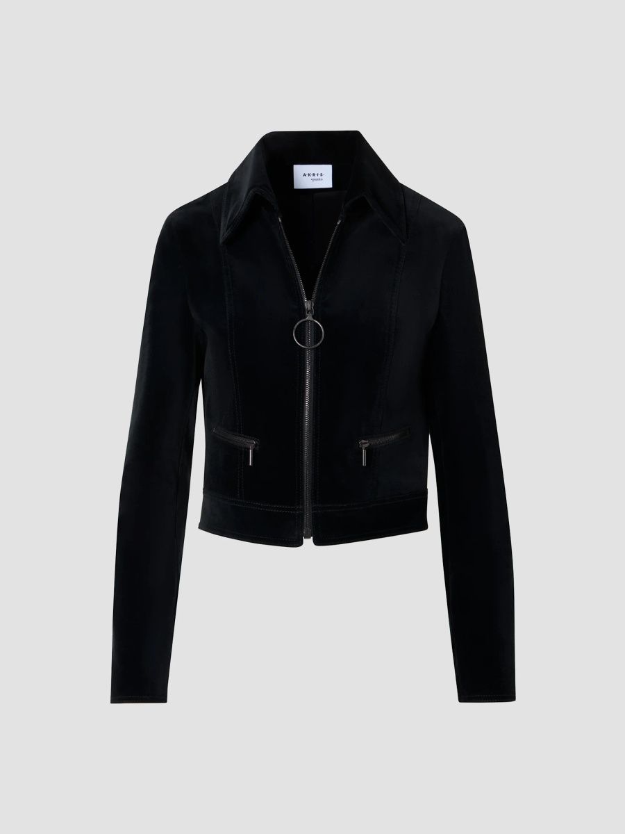 Akris punto Women's Stretch-Cotton Velvet Crop Moto Jacket - Black - Size 2
