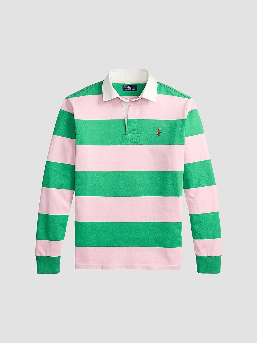 Polo Ralph Lauren Men's Rugby Striped Cotton Shirt - Garden Pink Summer Emerald - Size Medium