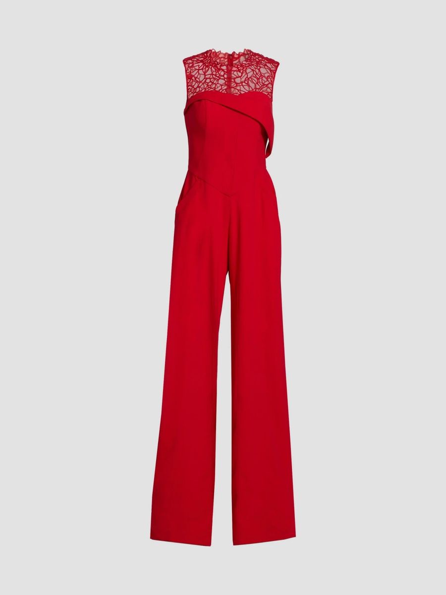 Women's Crêpe Lace Neck Jumpsuit - Red - Size 8