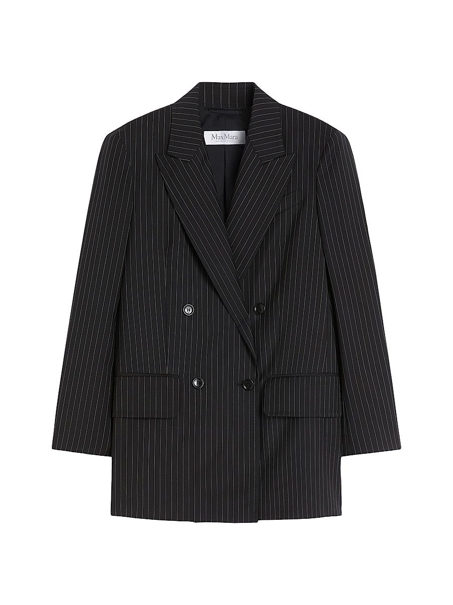 Women's Double Breasted Pinstripe Wool Blazer - Black White Pinstripes - Size 10