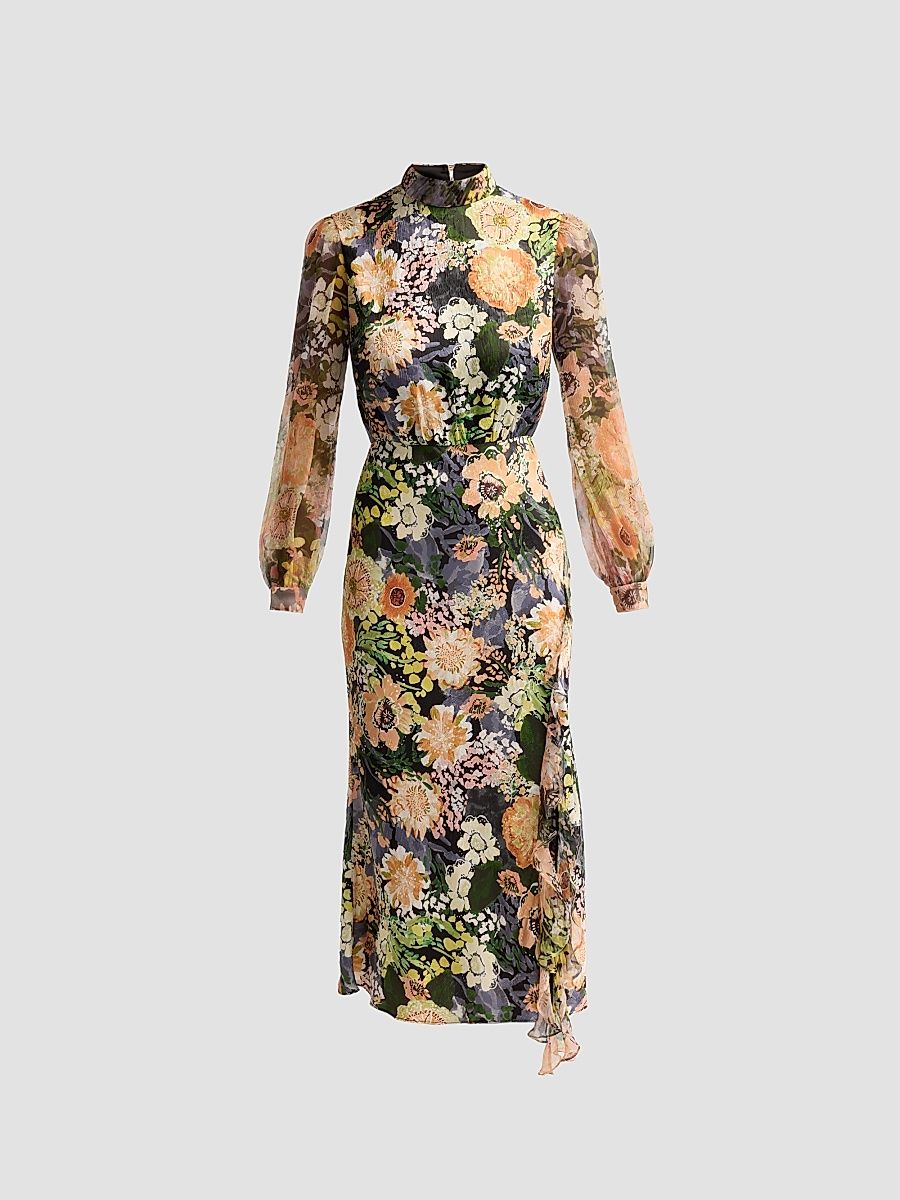 Saloni Women's Adaline Floral Midi Dress - Aster Ombre Placement - Size 8