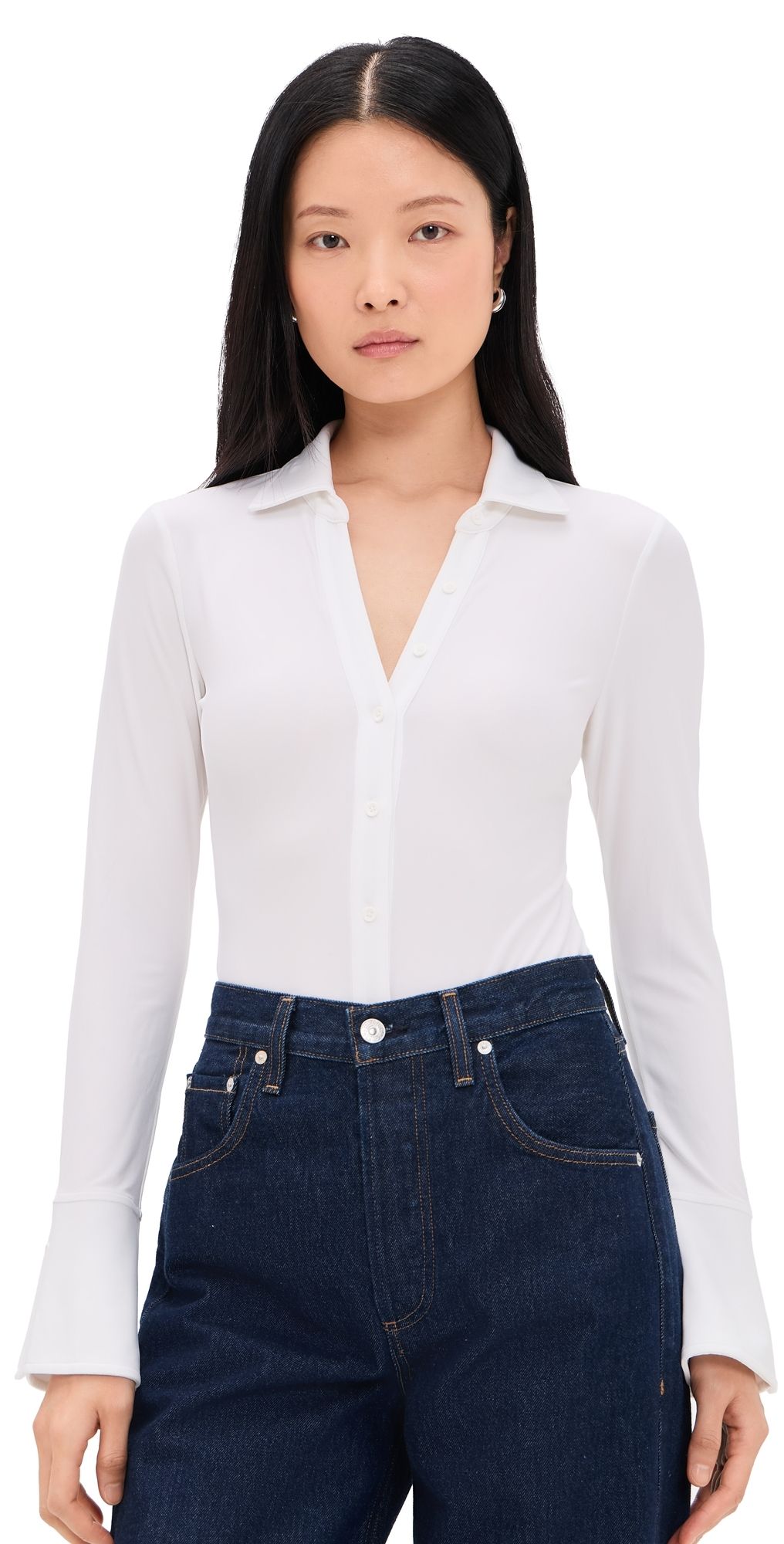 ALICE + OLIVIA Freya Fitted Button Down Thong Bodysuit Off White M