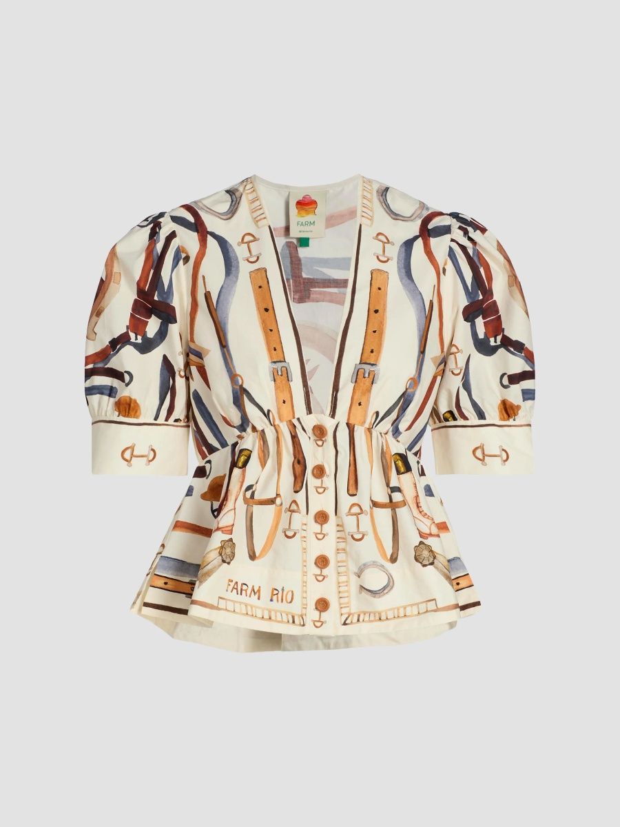 Farm Rio Women's Equestrian Scarf Cotton Blouse - White - Size XL