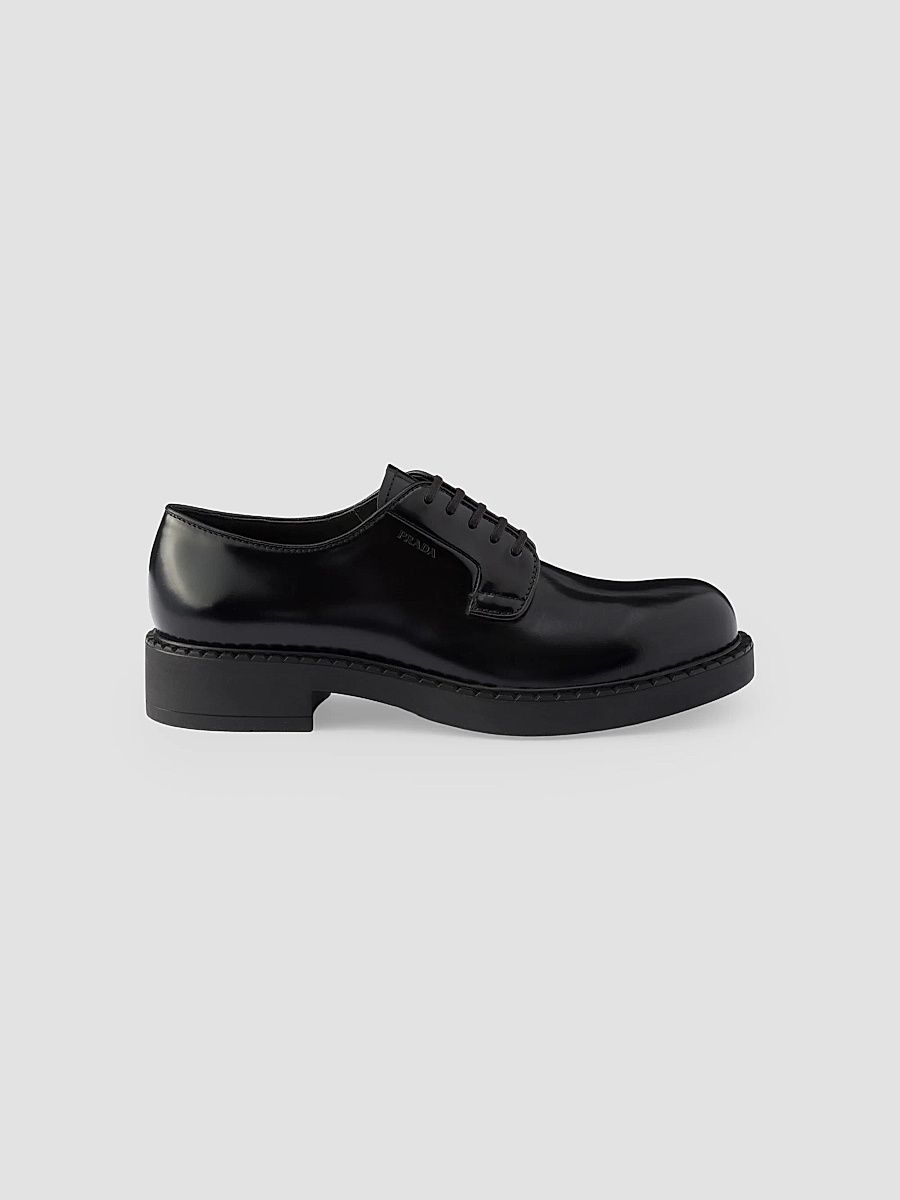 Prada Men's Chocolate Brushed Leather Derby Shoes - Black - Size 9