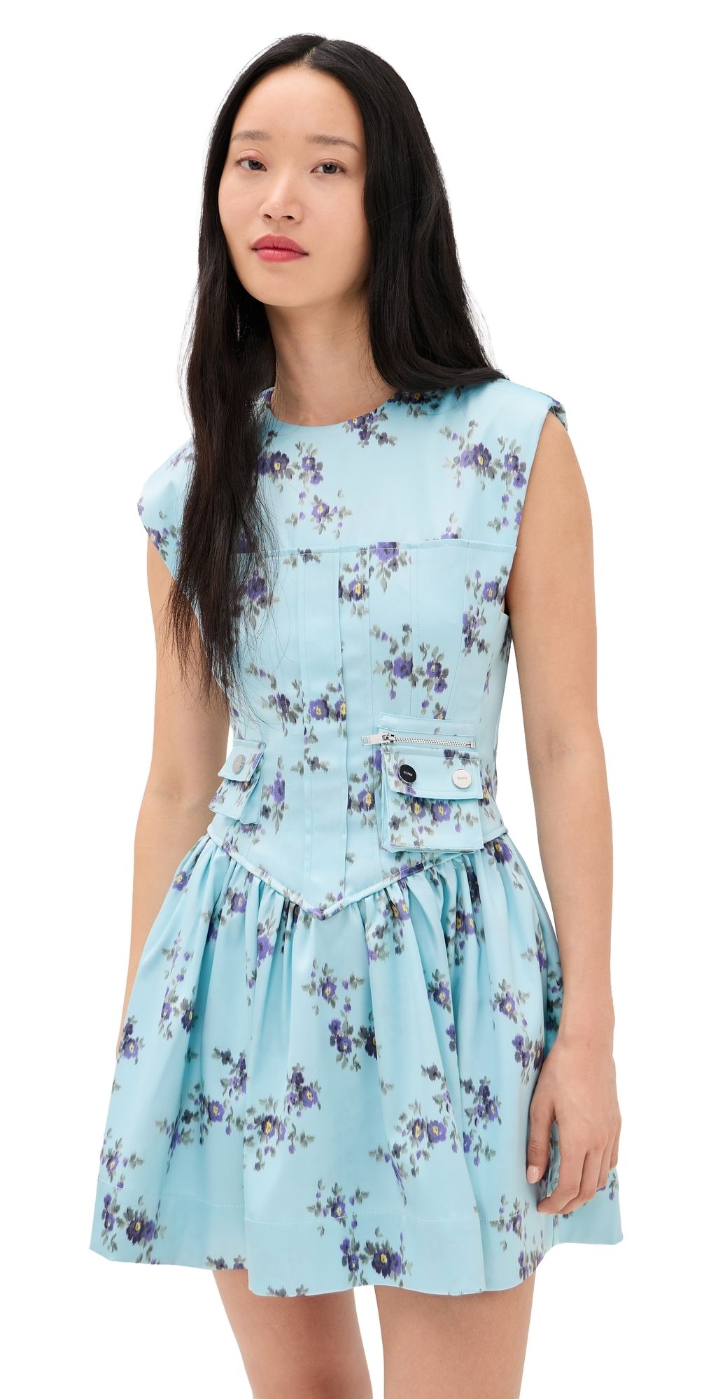 GANNI Printed Double Satin Corset Mini Dress Iced Aqua 42