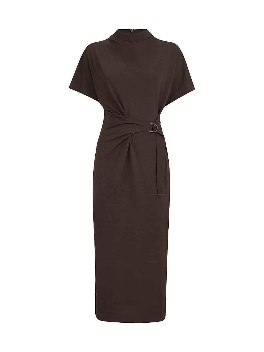 Women's Techno Wool Jersey Wrap Belt Dress with Monili - Coffee - Size Small