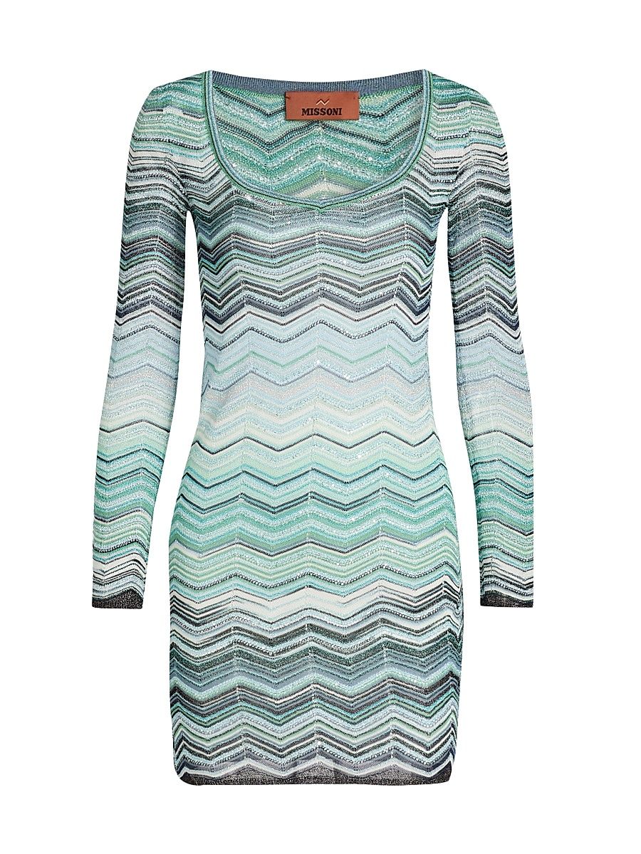 Women's Chevron Metallic Knit Minidress - Turquoise Tones - Size 0