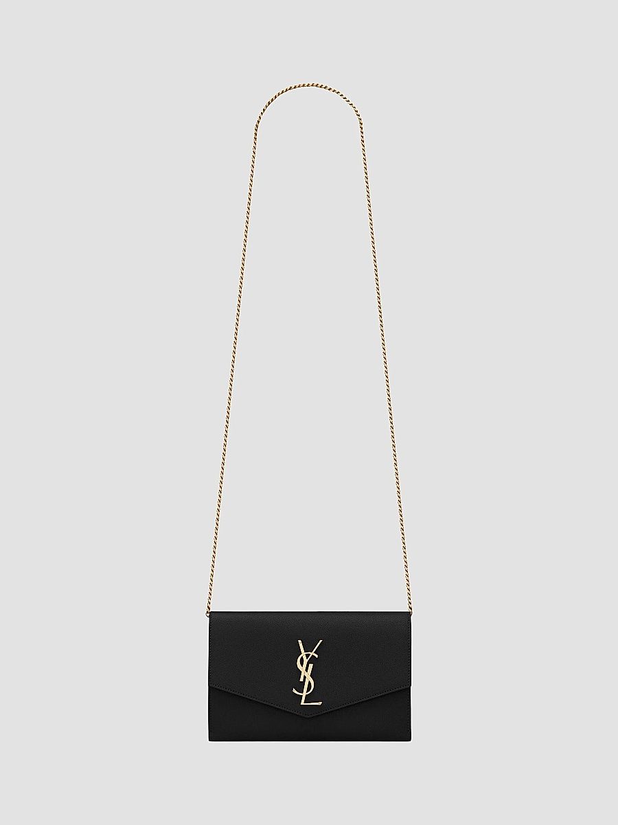 Saint Laurent Women's Uptown Chain Wallet in Grain De Poudre Embossed Leather - Nero