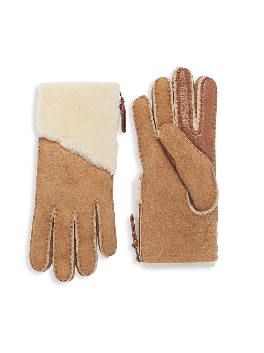 Women's Shearling Zip Gloves - Chestnut - Size Small