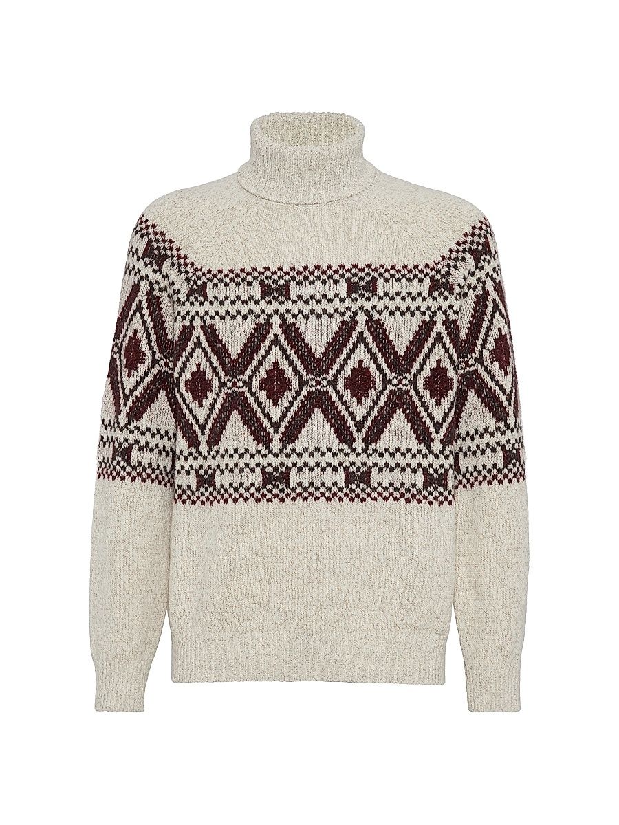 Men's Geometric Jacquard Turtleneck Sweater - Ecru - Size 46