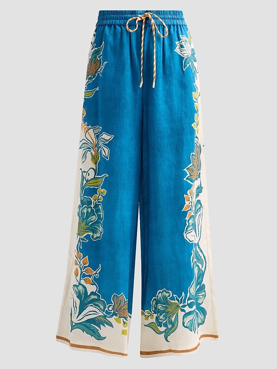 Women's Luda Floral Linen Wide-Leg Drawstring Pants - Blue - Size 10