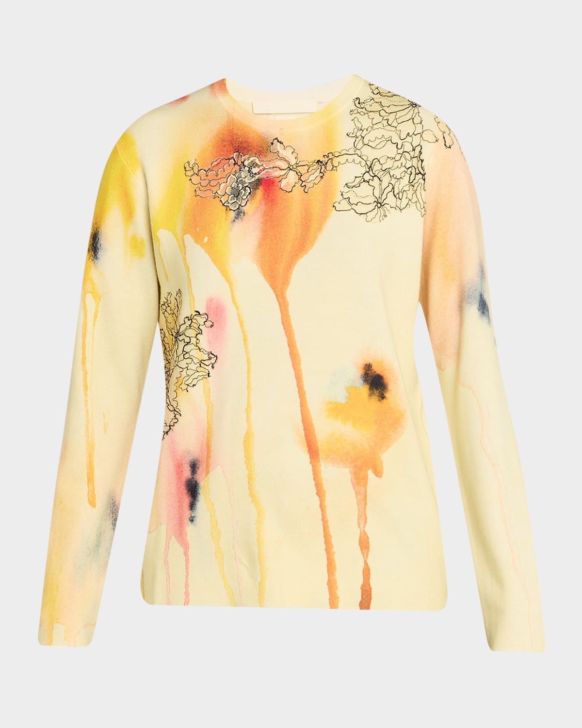 Lace-Trim Watercolor Floral Print Crewneck Sweater