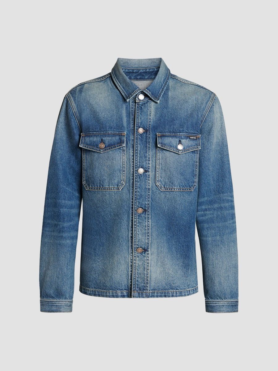 TOM FORD Men's Cotton Denim Shirt Jacket - Washed Indigo - Size XL