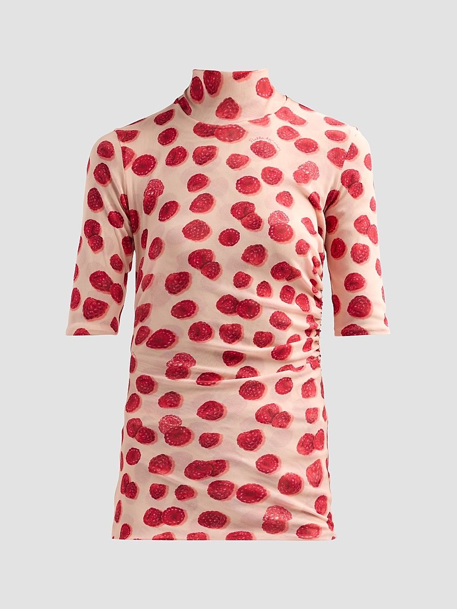 Women's Raspberry-Print Gathered Mesh Top - Raspberry - Size XS