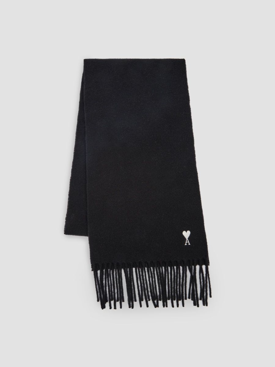 AMI Paris Men's Embroidered Fringed Wool Scarf - Black