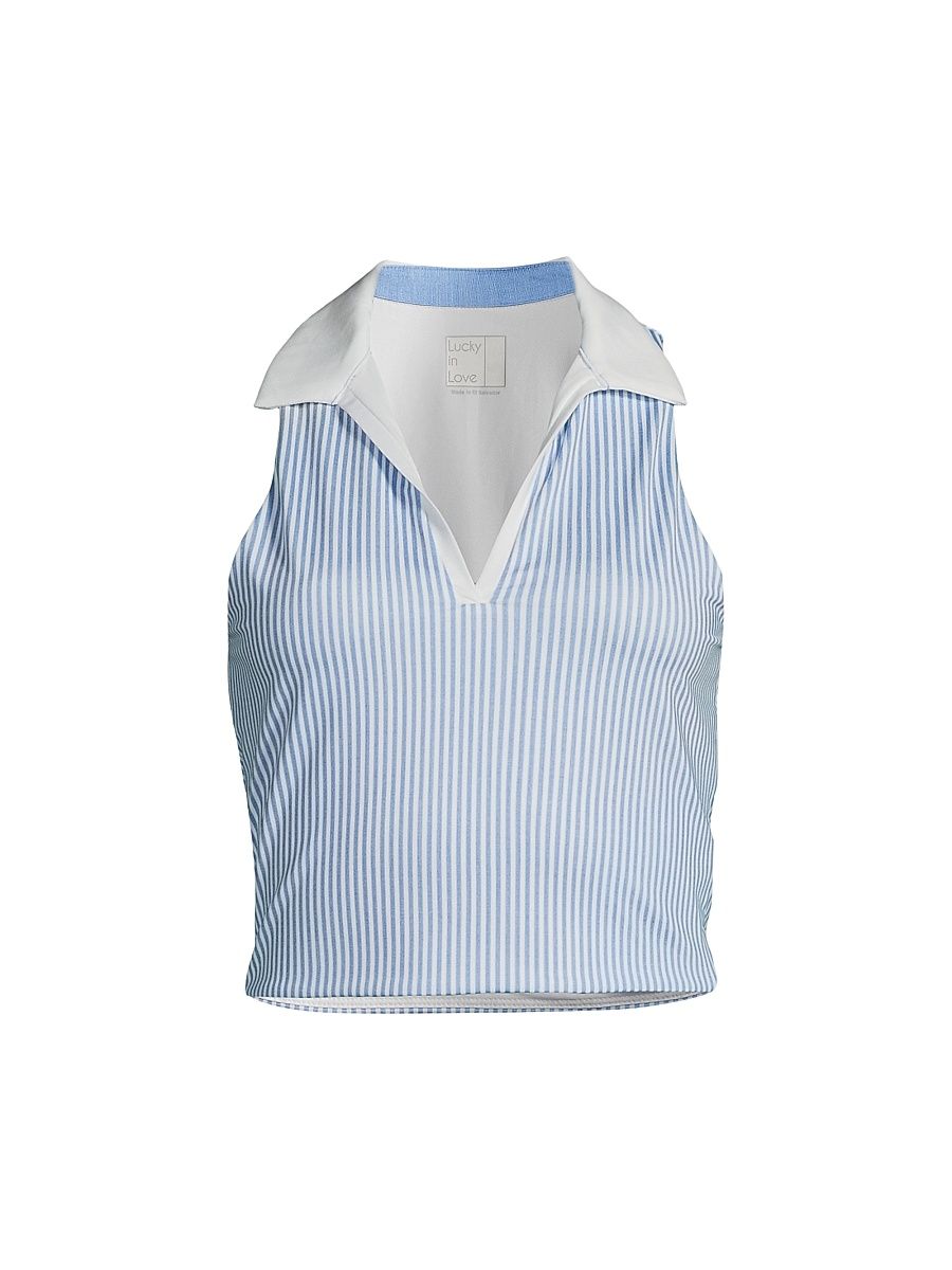 Women's Linen Noveau Striped Polo Tank - Peri - Size XL