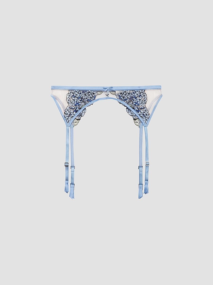 Women's Hydrangea Embroidery Garter Belt - Petal Blue - Size Large