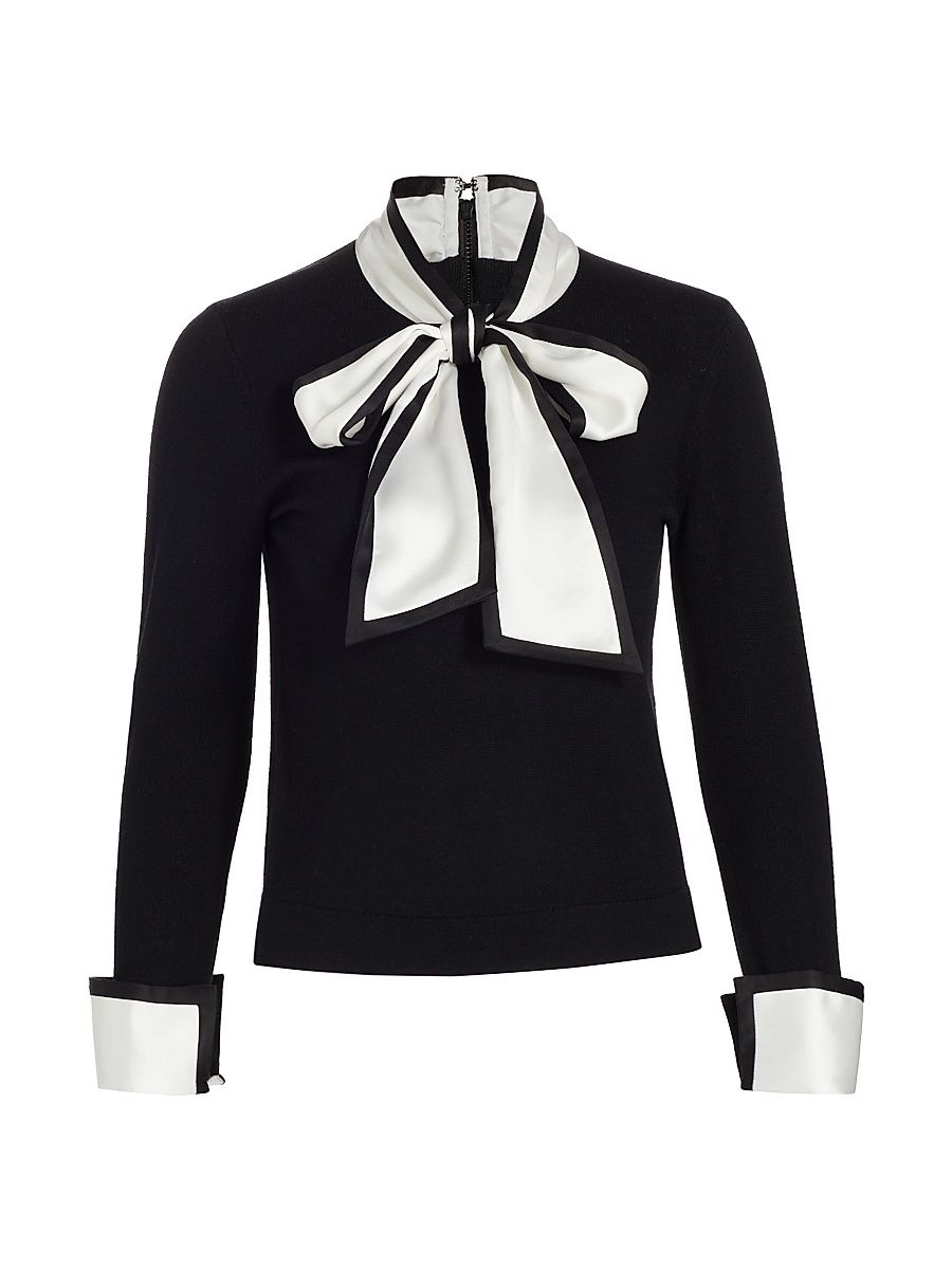 Women's Justina Combination Wool Bow Sweater - Black Combo - Size XS