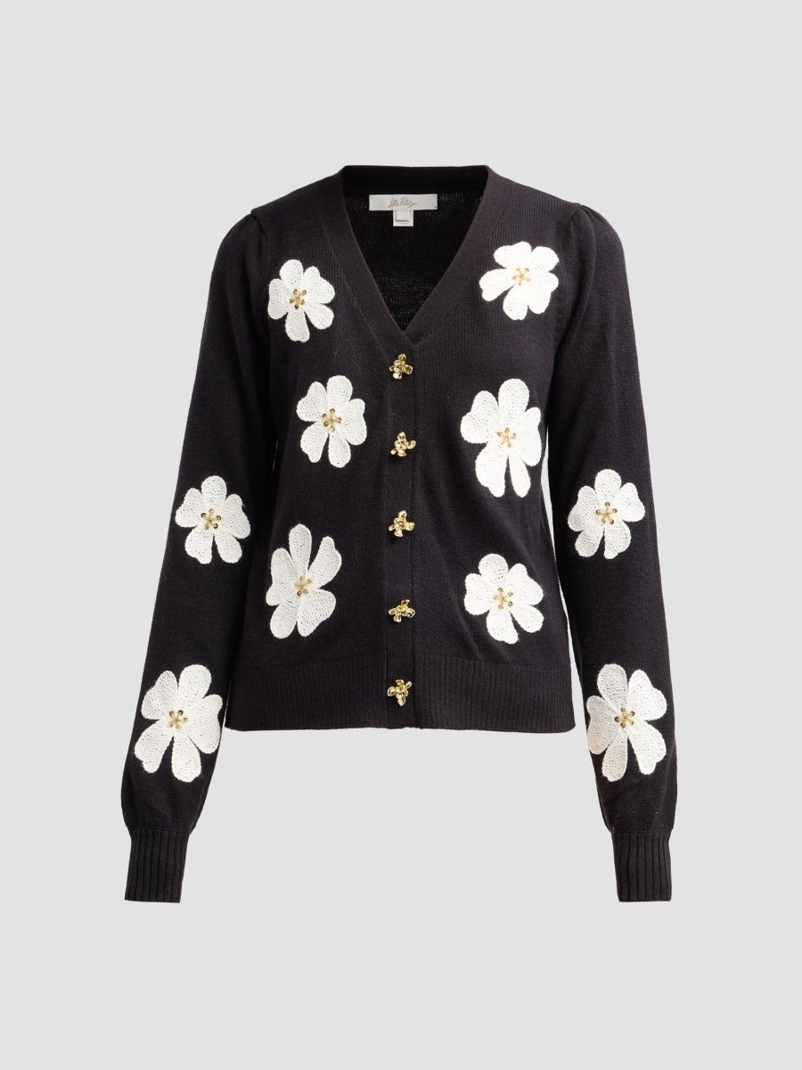 Lilly Pulitzer Women's Millard Big Lilly Flower Embroidery Cardigan - Black Big Lilly - Size XL
