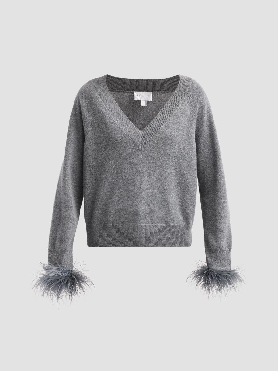 Milly Women's Wool-Cashmere Feather-Cuff Sweater - Grey - Size XS