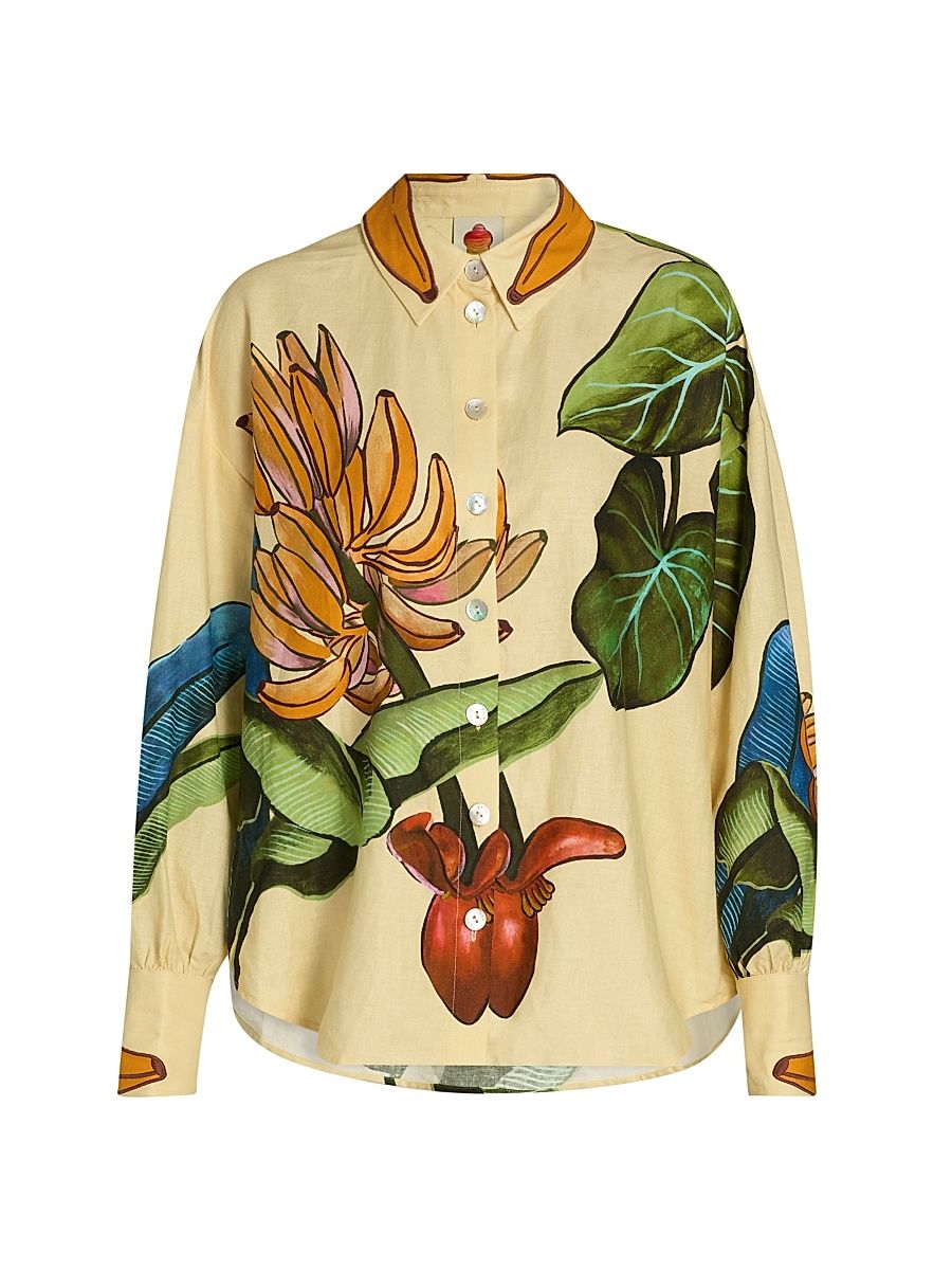 Women's Fruit-Print Linen-Blend Shirt - Yellow - Size XL