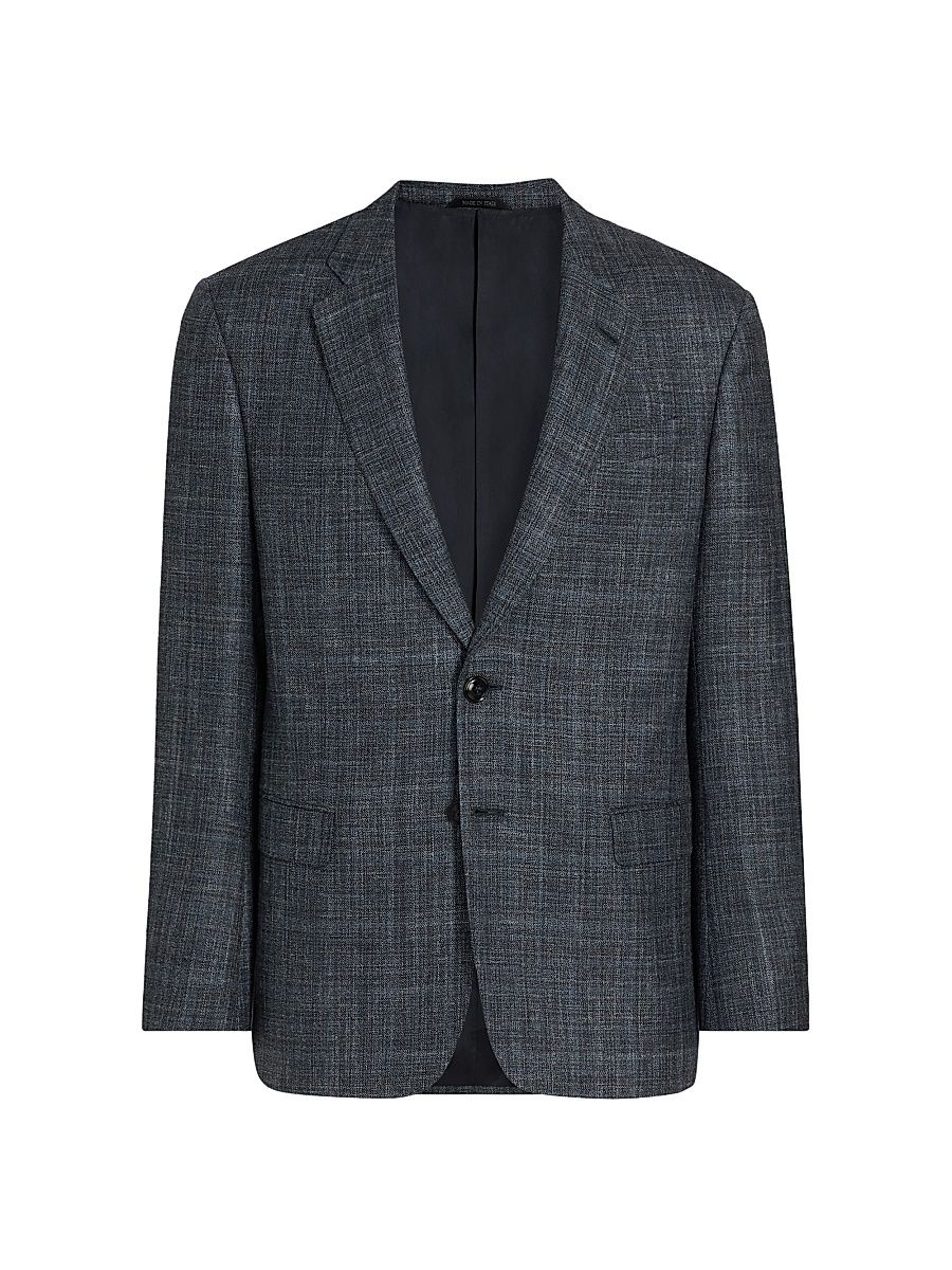 Men's Plaid Wool-Silk-Linen Sport Coat - Blue Charcoal - Size 44
