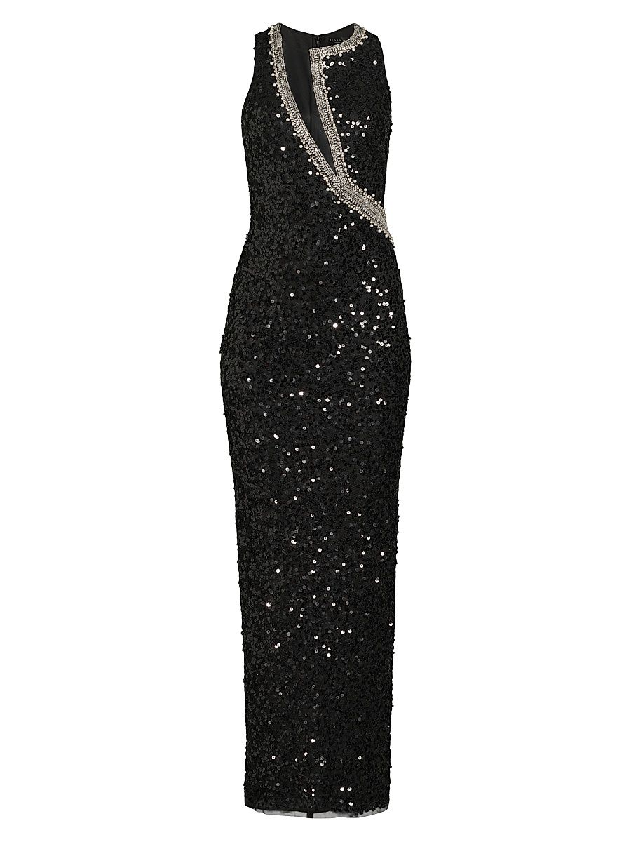 Women's Embellished Mesh-Inset Sequined Gown - Black - Size 12