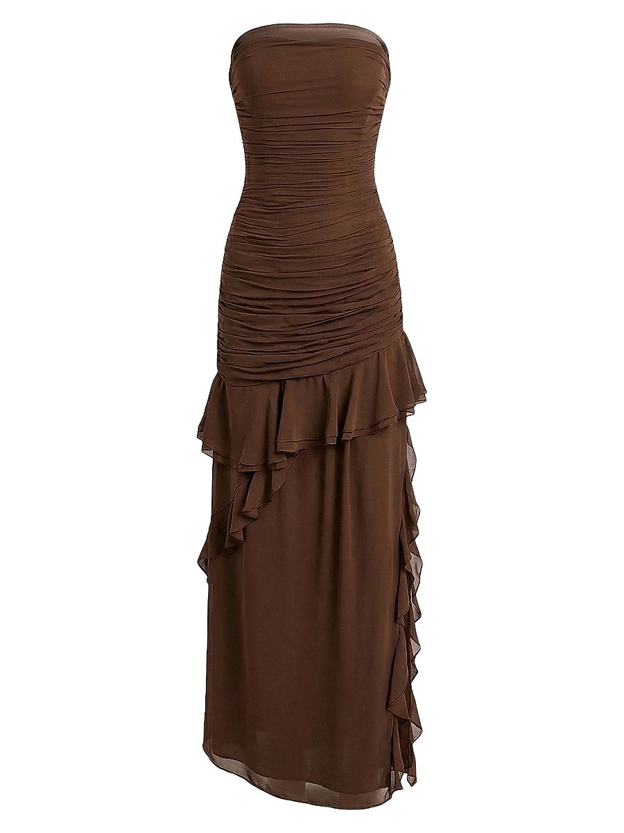 Women's Viola Ruched Ruffle Strapless Maxi Dress - Mocha - Size 12