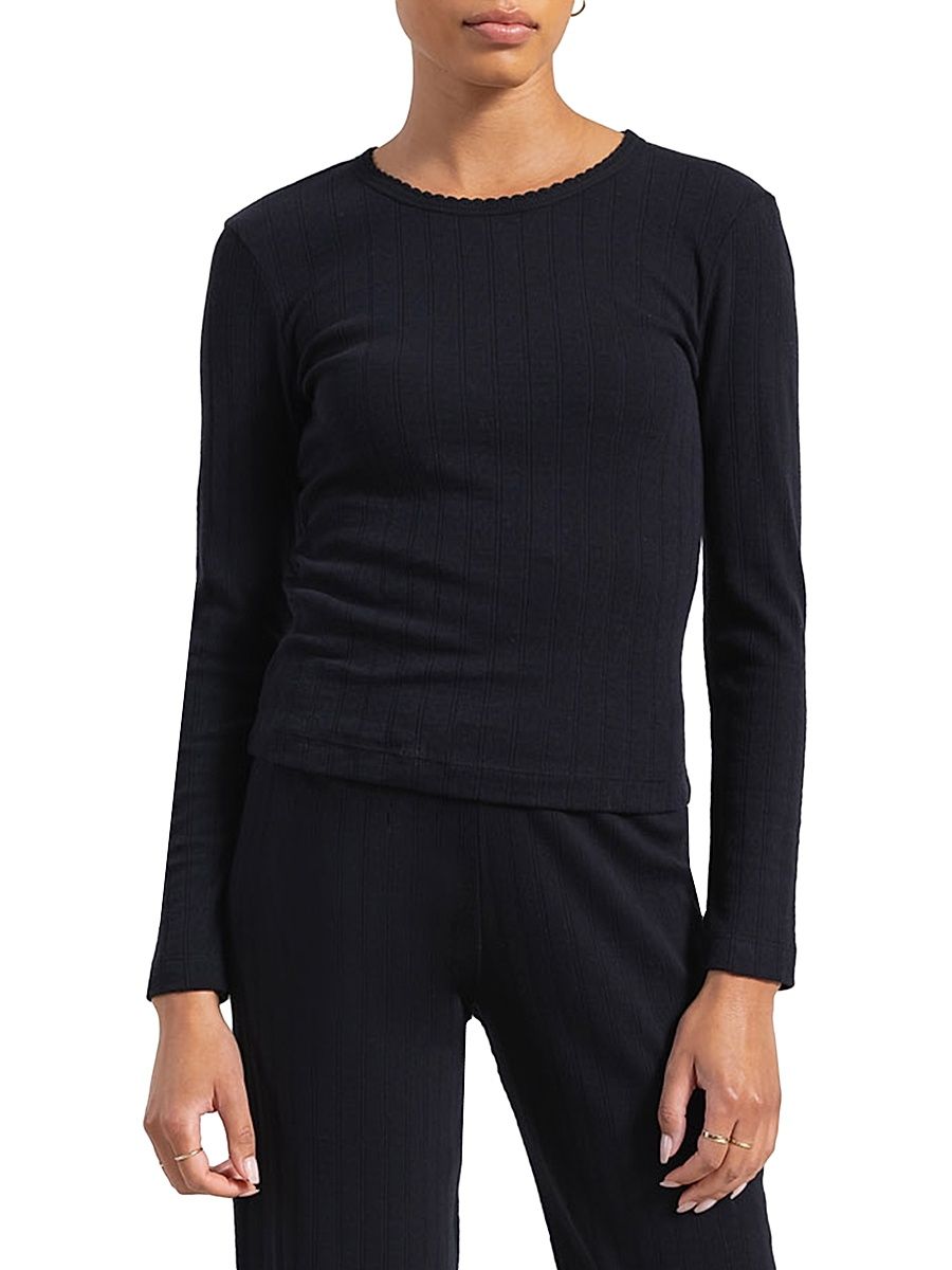 Women's Pointelle Long-Sleeve Top - Black - Size XL