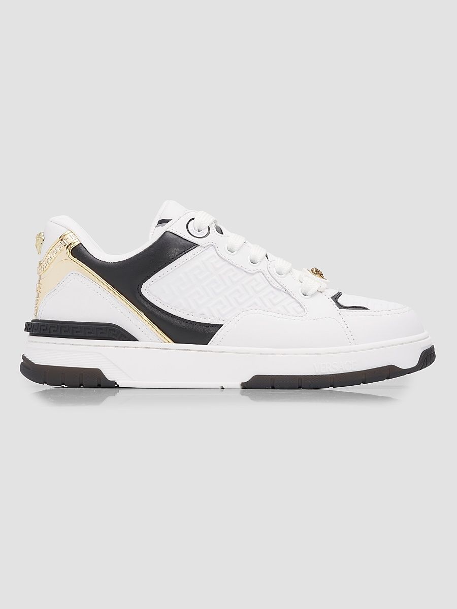 Men's La Greca Leather Low-Top Sneakers - White Black Gold - Size 14