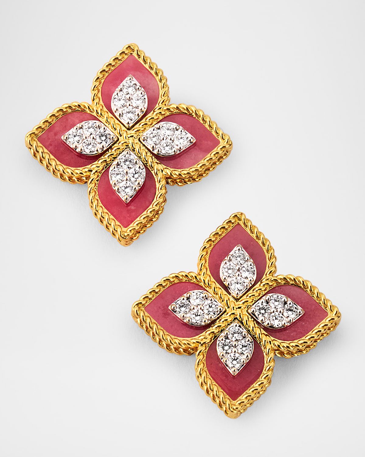 18K Yellow Gold Diamond and Rhodonite Stud Earrings