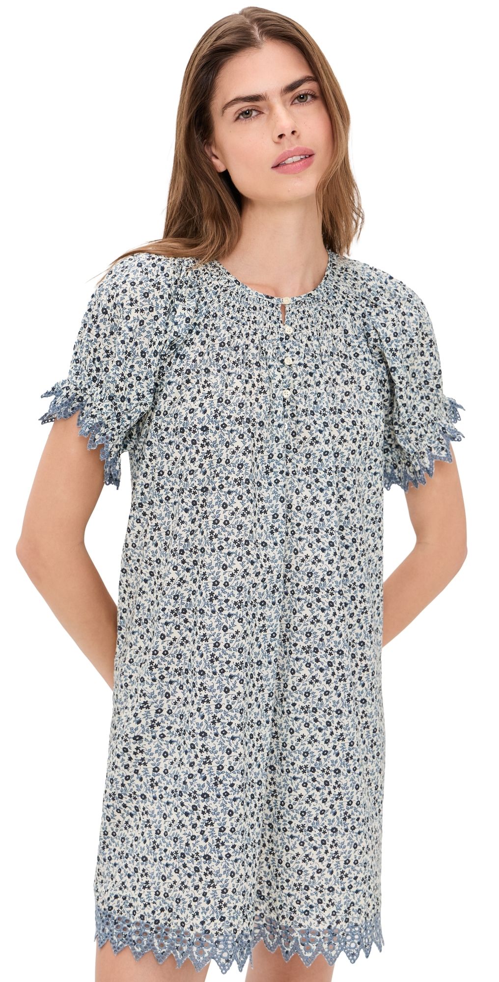 THE GREAT. The Smocked Sleep Eyelet Dress Bluebell Ditsy 1