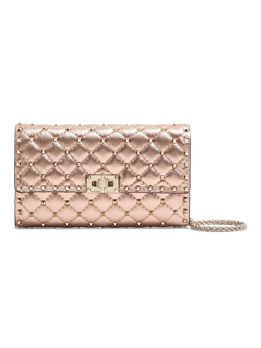 Women's Rockstud Spike Shoulder Bag in Laminated Nappa Leather - Rose Cannelle