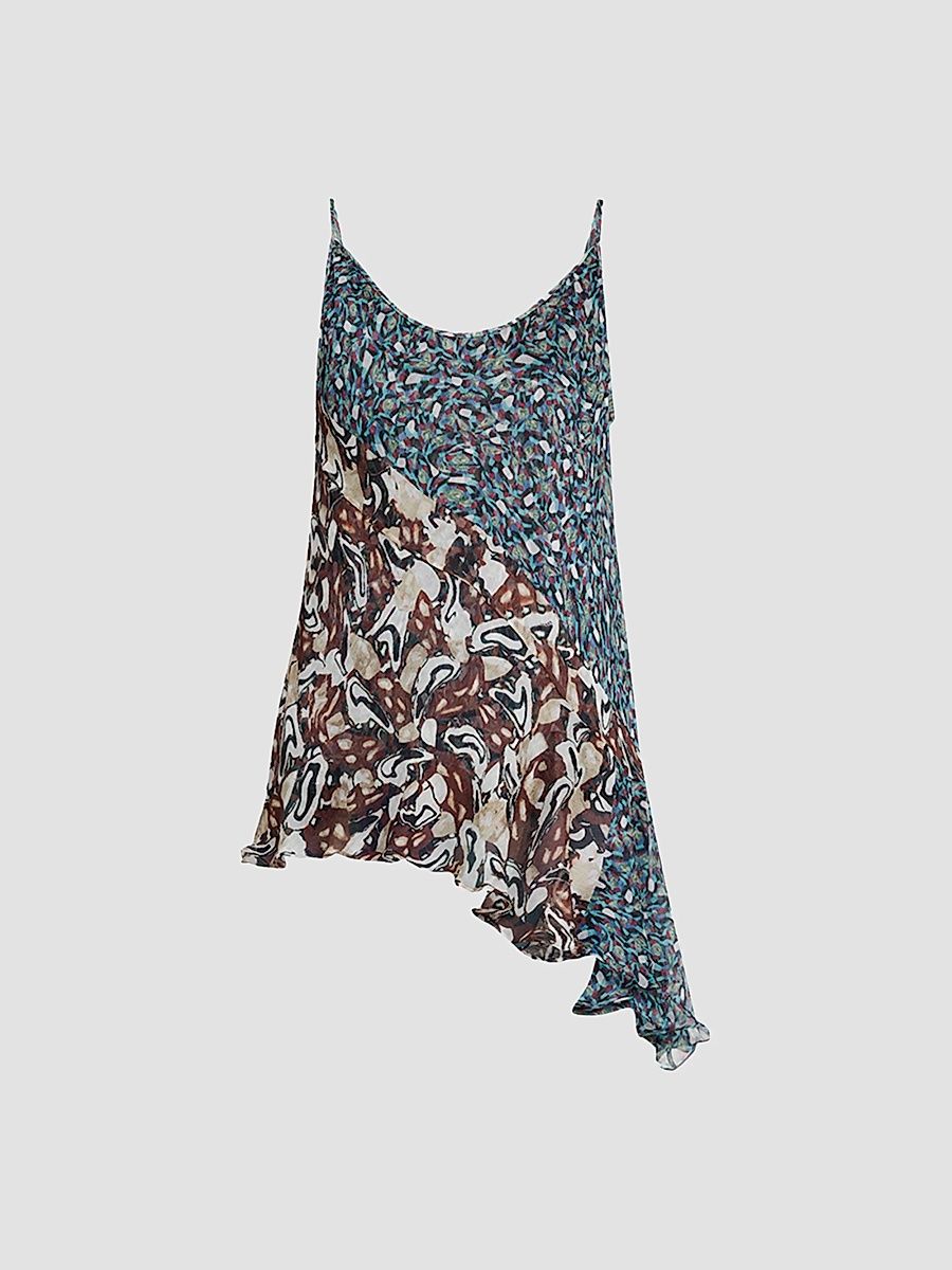 Women's Crisanna Printed Silk Asymmetric Top - Petrol - Size 4