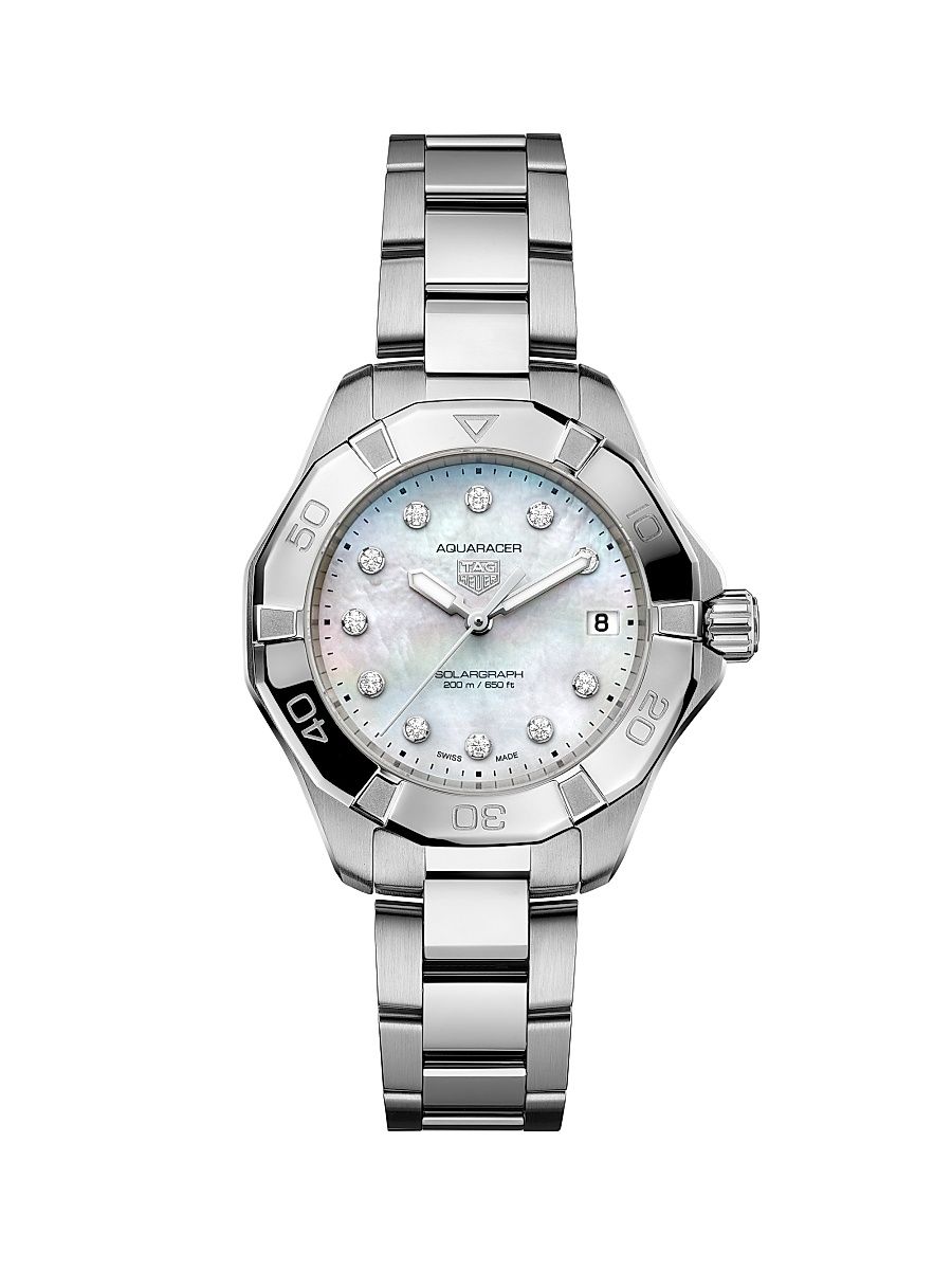 Women's Aquaracer Professional 200 Solargraph Stainless Steel, Mother-Of-Pearl & 0.15 TCW Diamond Bracelet Watch/34MM - Steel