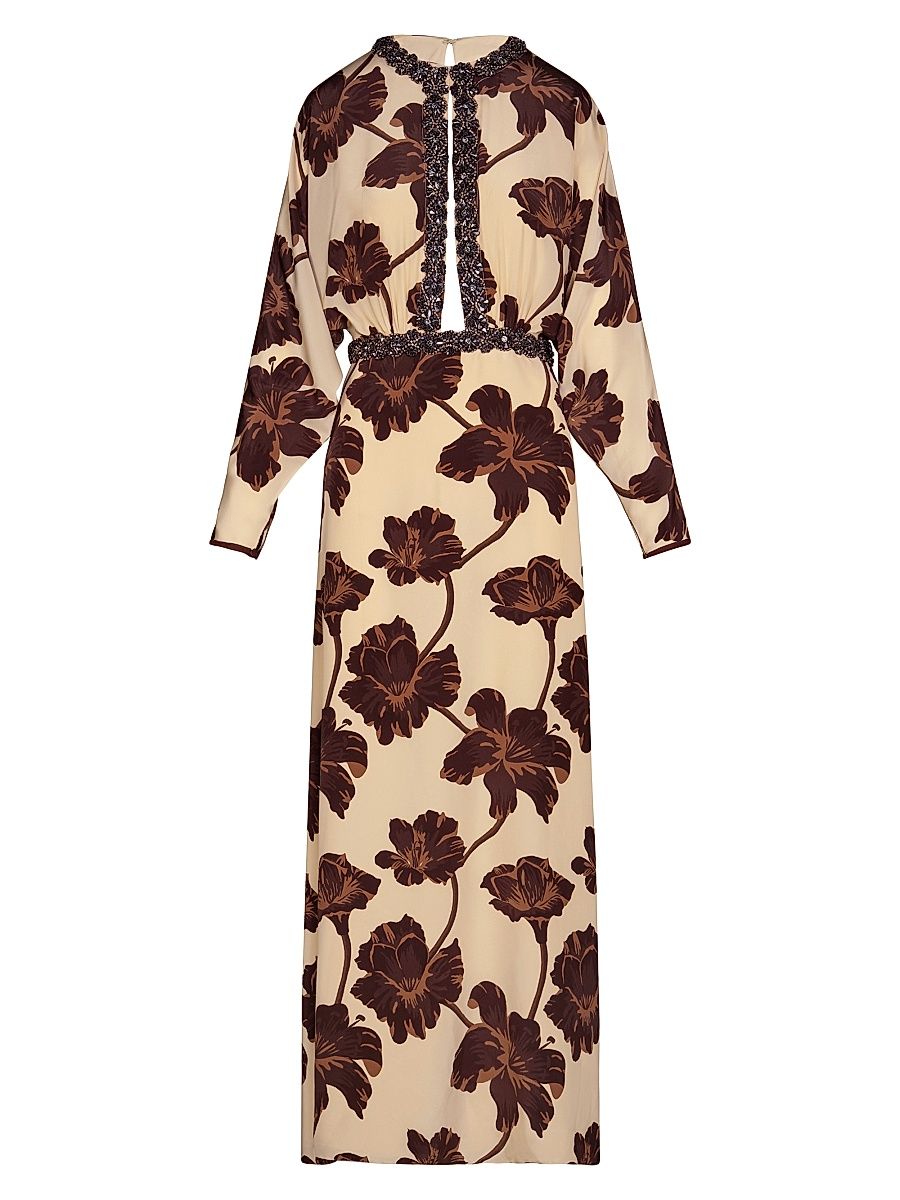 Women's Micaela Adoración Continua Embellished Floral Silk Maxi Dress - Ecru Chocolate Mocca - Size 6