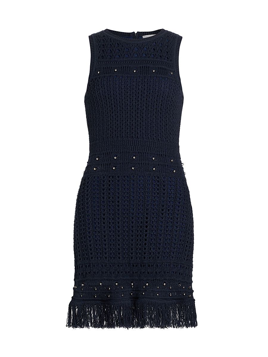 Women's Beaded Fringe Knit Minidress - Navy - Size XS