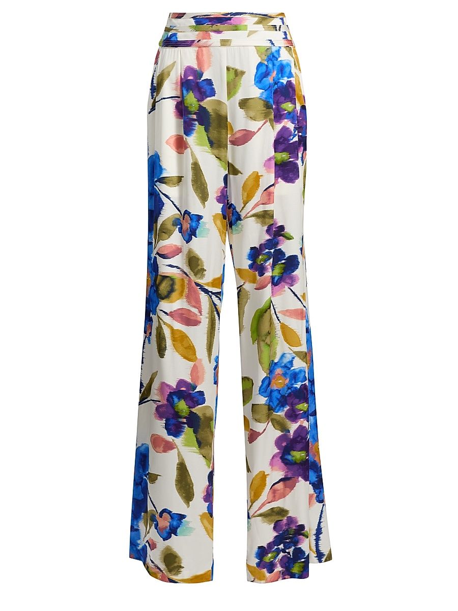 Women's Joss Floral Stretch Silk Wide-Leg Pants - Ivory Floral Silk - Size 12