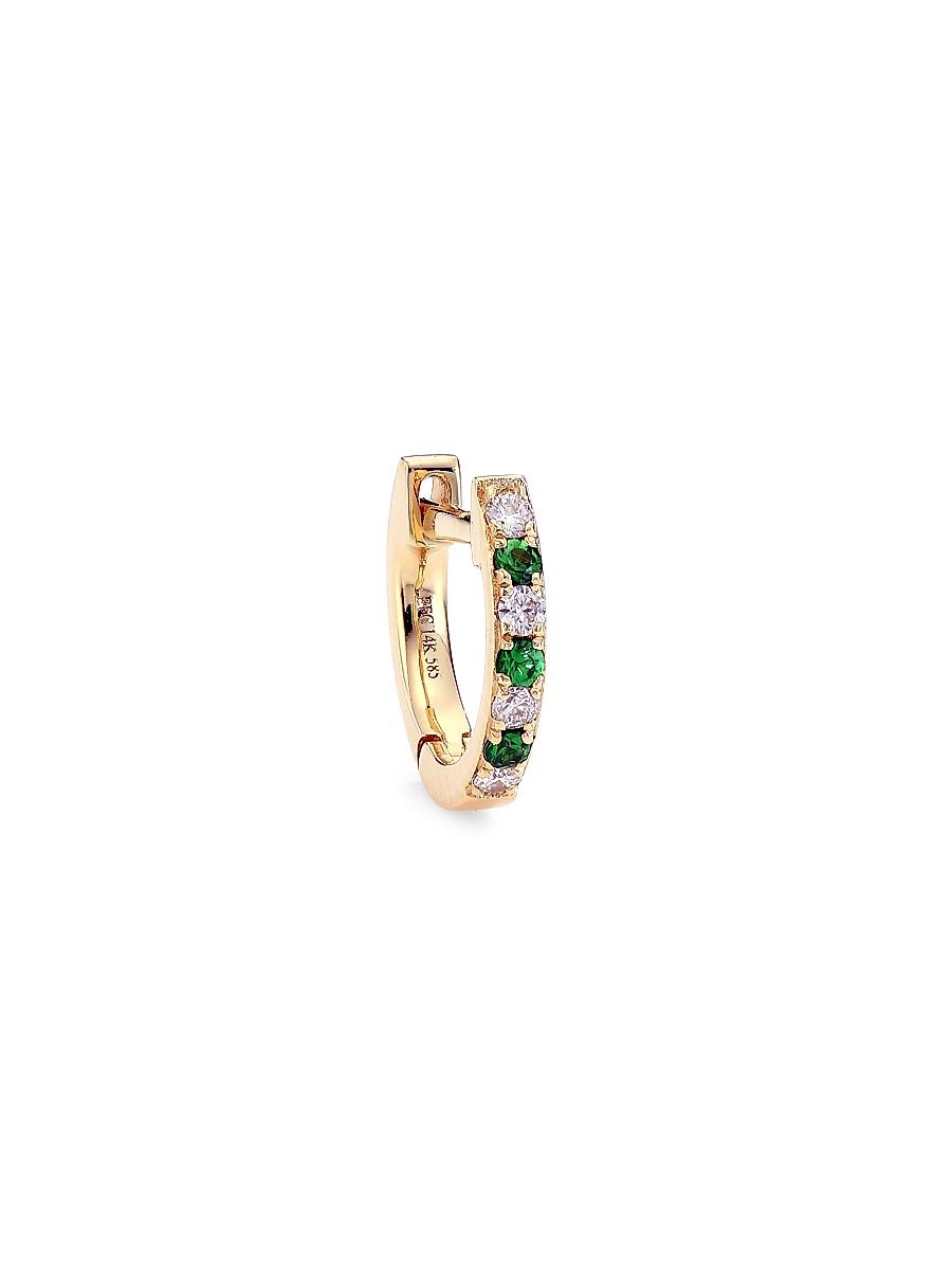 Women's 14K Yellow Gold, Diamond & Tsavorite Dot Single Huggie Earring - Yg